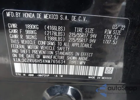 2022 Honda Hr-V Awd Ex from USA, damaged, VIN 3CZRU6H5XNM765634